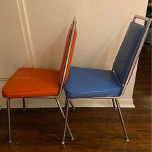 Load image into Gallery viewer, 2 Vintage MCM 1960’s high-back vinyl blue and chrome Chromcraft chair blue and orange