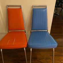 Load image into Gallery viewer, 2 Vintage MCM 1960’s high-back vinyl blue and chrome Chromcraft chair blue and orange