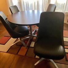 Load image into Gallery viewer, MCM 42” Steelcase table & 2 black vinyl Chromcraft chairs 3pc dining set mid century modern