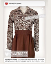 Load image into Gallery viewer, 1970’s Vintage Designer brown and white zebra/fingerprint design bodice shirt midi dress.