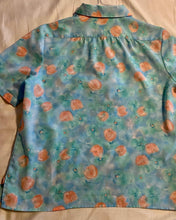 Load image into Gallery viewer, 1970’s Pykettes short sleeve ruffle and button floral lightweight blouse in immaculate condition.