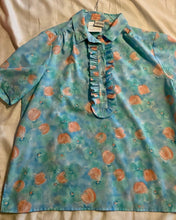 Load image into Gallery viewer, 1970’s Pykettes short sleeve ruffle and button floral lightweight blouse in immaculate condition.