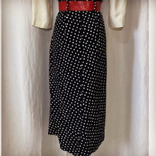Load image into Gallery viewer, 1980’s 50's style Rockabily R.J Stevens Black and White Polka Dot Midi Dress with Red Belt size 4.