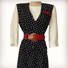 Load image into Gallery viewer, 1980’s 50's style Rockabily R.J Stevens Black and White Polka Dot Midi Dress with Red Belt size 4.