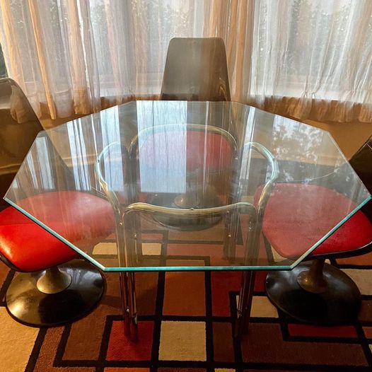 RARE Mid Century Chromcraft tubular chrome base OCTAGON Glass top dining table