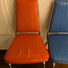 Load image into Gallery viewer, 2 Vintage MCM 1960’s high-back vinyl blue and chrome Chromcraft chair blue and orange
