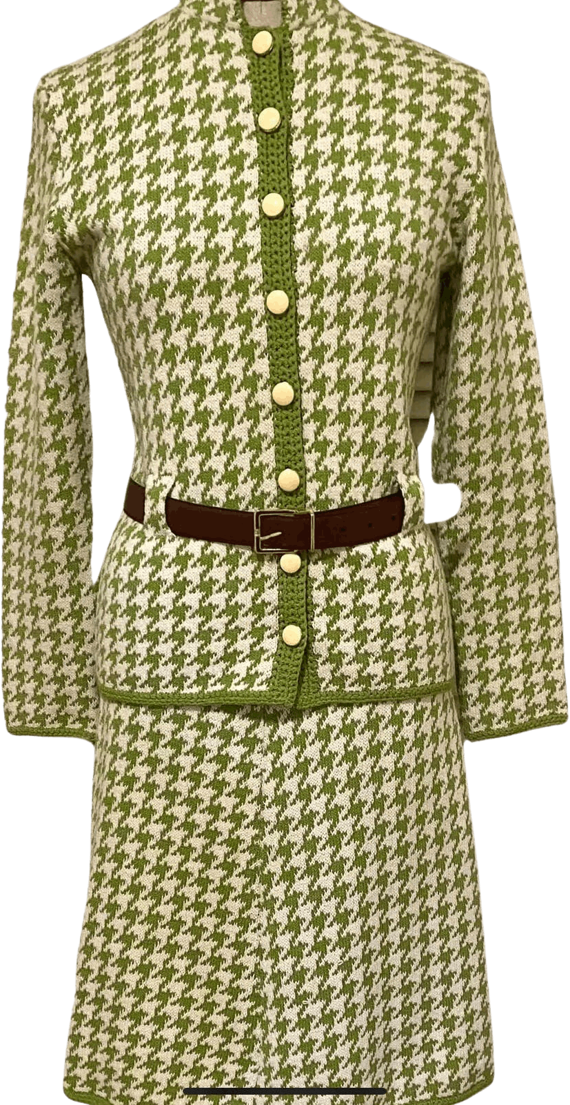 50s/60s Jackie O Kennedy Green Houndstooth Knit Skirt Suit By St. John's Knits