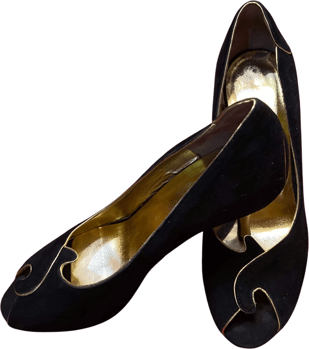 80’s Dressy Suede Black W/ Gold Trim Pumps by Donald Pliner Couture
