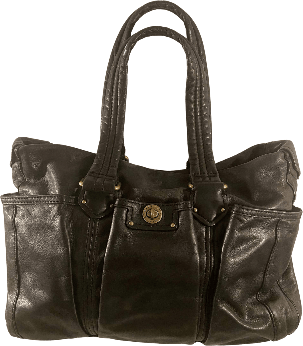 00s/ Black Leather Shoulder/diaper/computer Bag By Marc Jacobs