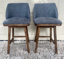 Load image into Gallery viewer, A pair of gorgeous swivel barstools upholstered/ studded with wood/chrome bases
