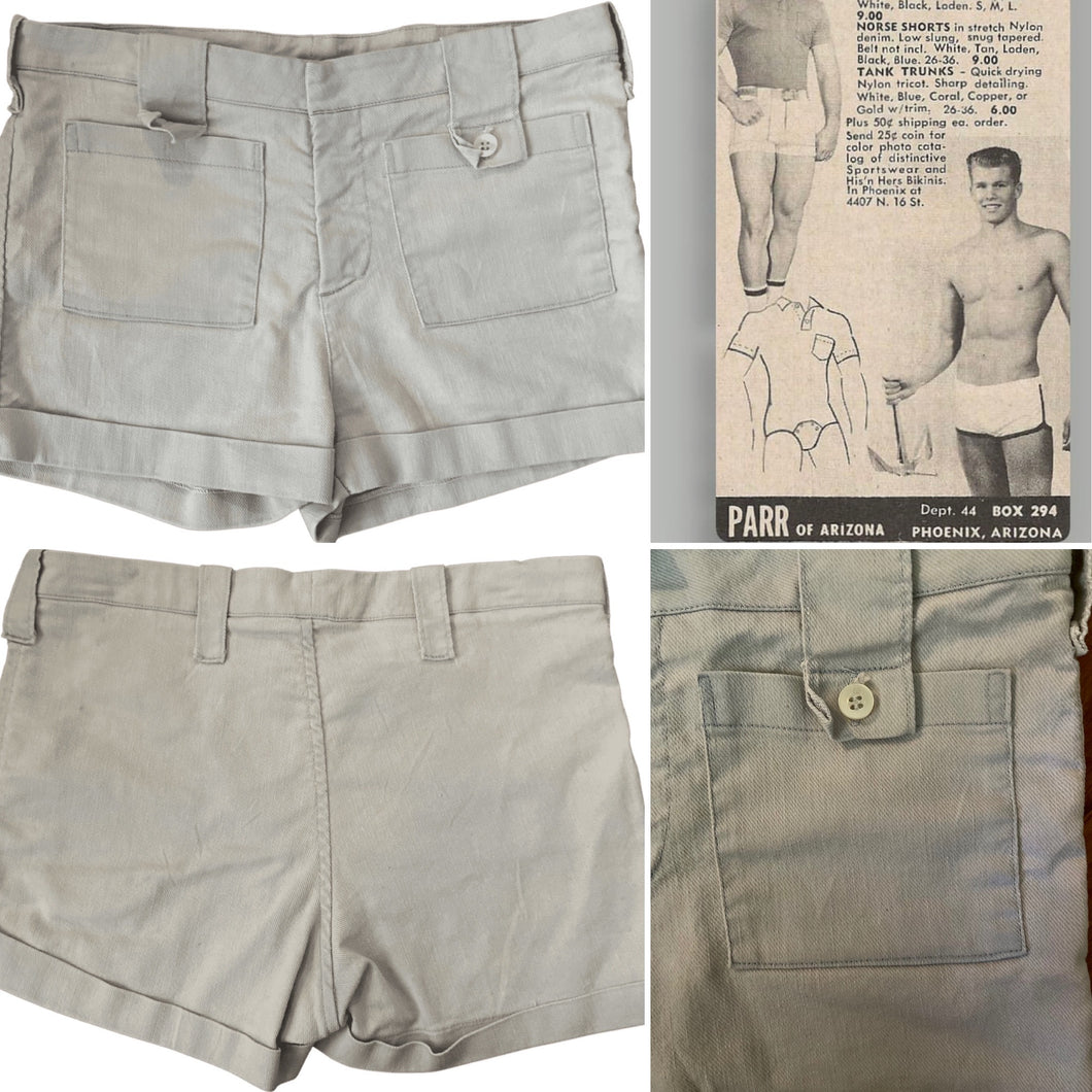 1960’s amazing vintage unisex Parr Of Arizona light blue stretchy denim Norse shorts/hot pants